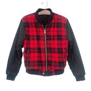 UNIF Womens S Red‎ Plaid Flannel Bomber Jacket Black Reversible Streetwear Nylon